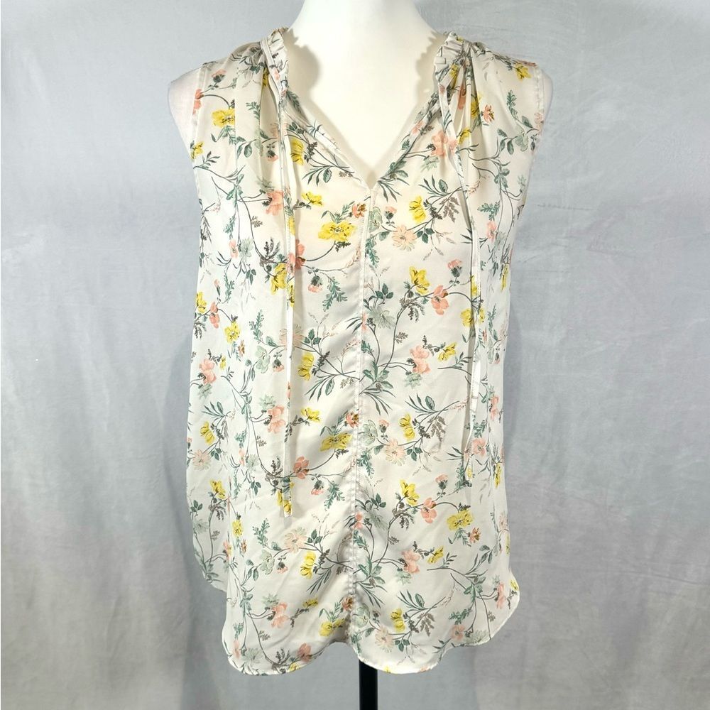 Loft white yellow and pink floral print split neck mixed media top size small